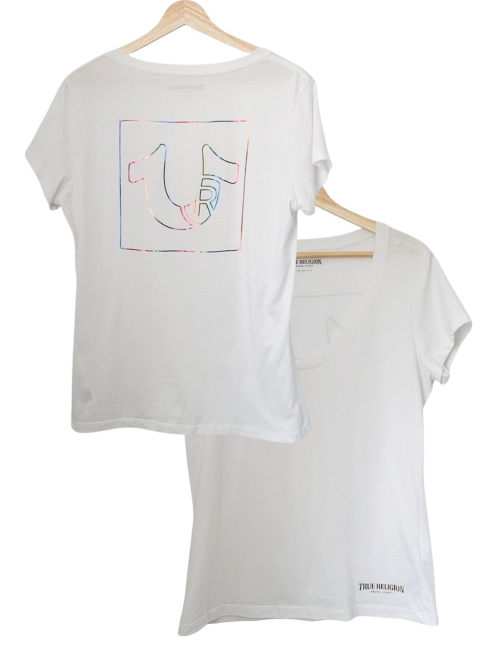 True Religion Metallic Rainbow Logo White Tee Short Sleeve T-Shirt Top — Size L